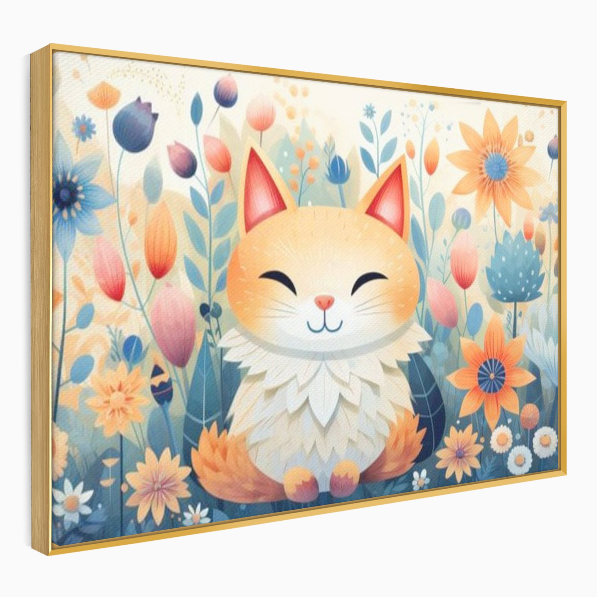 Tablou canvas cu tablou canvas cu pisicuta in gradina cu flori, in rama de aluminiu auriu
